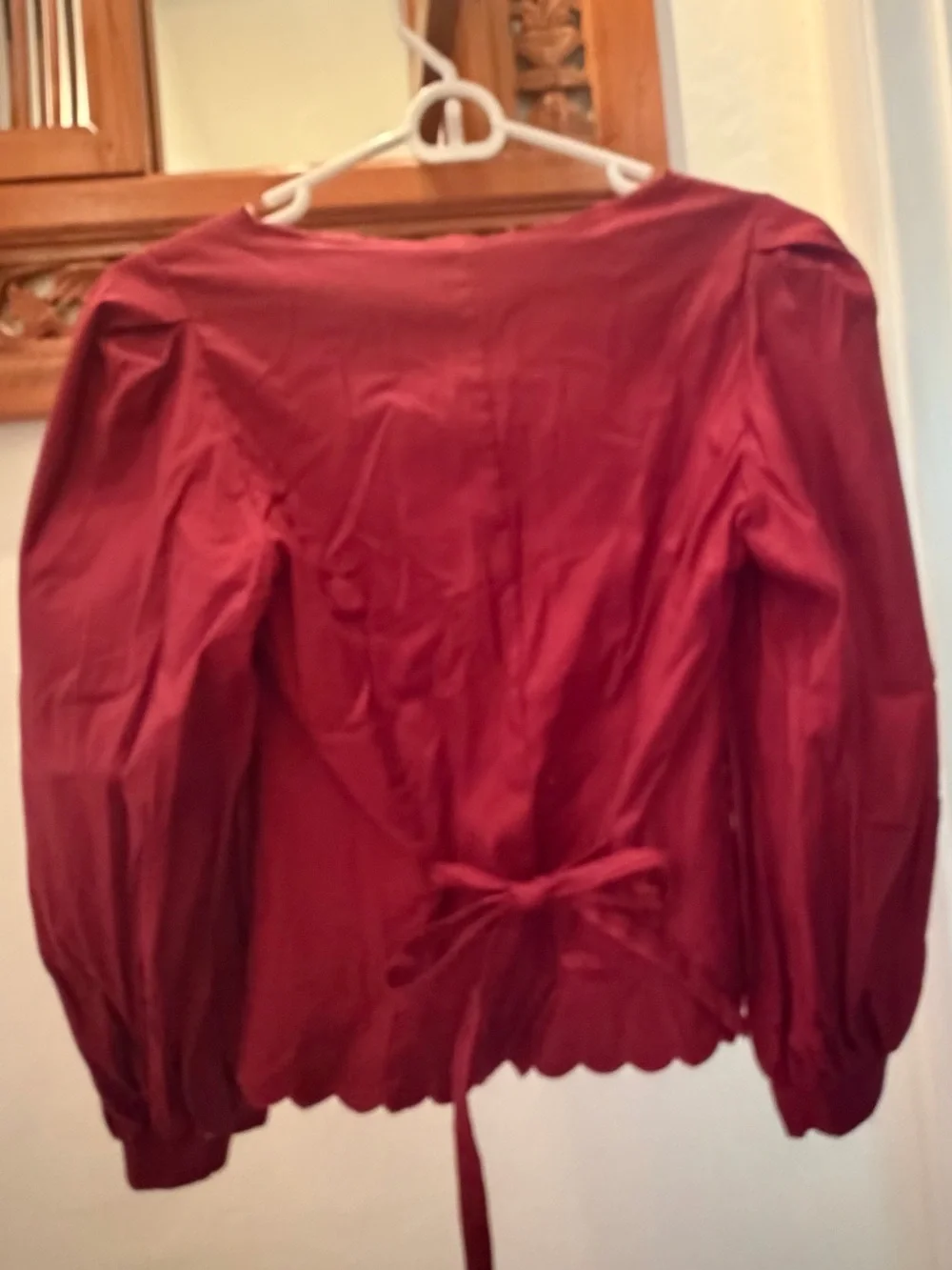 Reformation Burgundy Scalloped Puff Sleeve Blouse